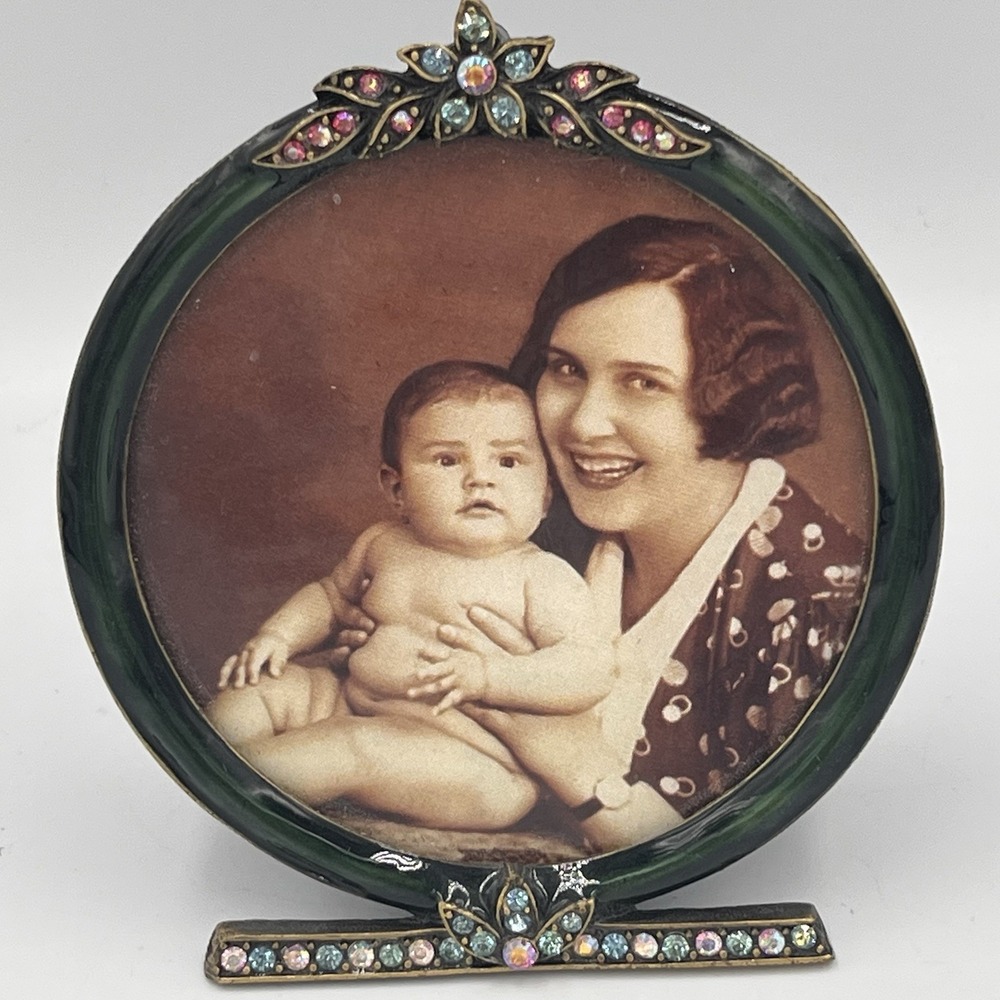 Edward Collection Jeweled Enamel Picture Frame Round Green Small Vintage